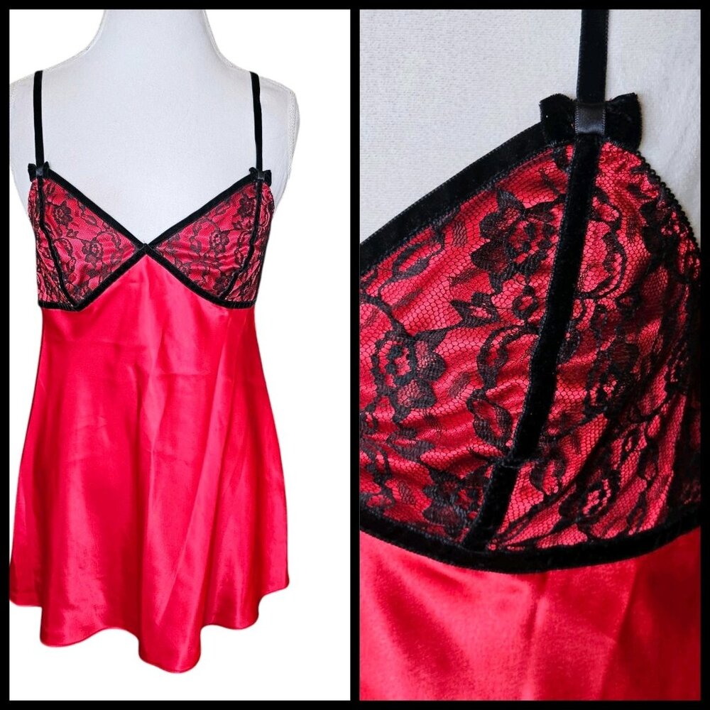 Vintage Womens Red Babydoll Slip Negligee Chemise Velvet Trim Lace Black Sz M